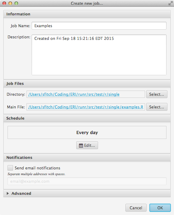 Create new job dialog